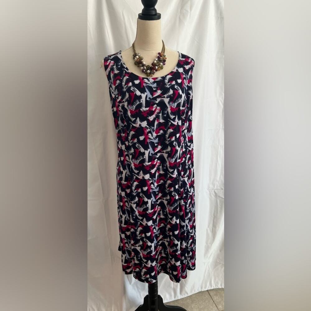 JM‎ Collection Women’s MIDI Blue, Gray & Magenta Sleeveless Round Neck Dress 1X